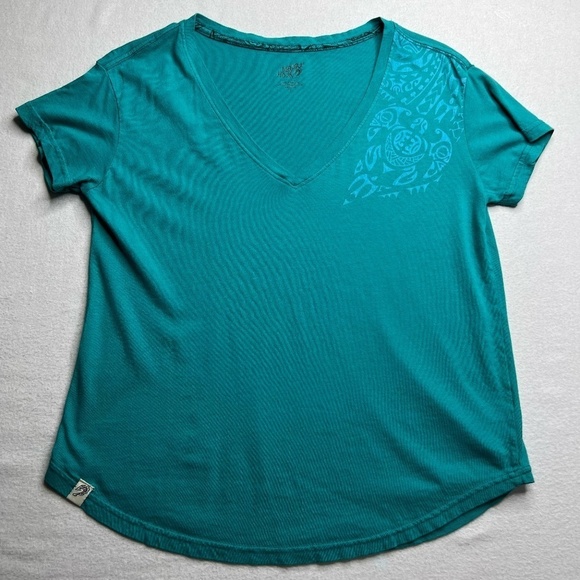 Maori Hook Womens Teal‎ V Neck Short Sleeve T-shirt Size Small - Picture 1 of 8